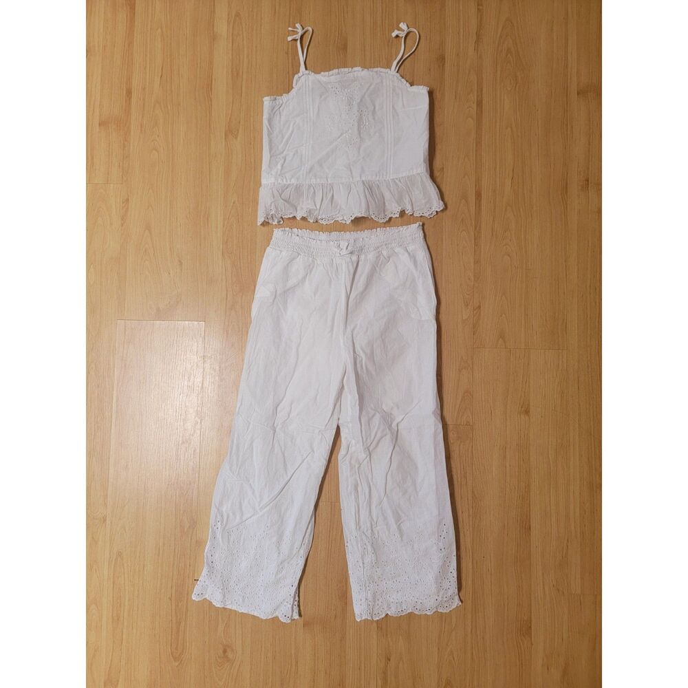 Polo Ralph Lauren Girls 2 Piece White Eyelet Cotton Cami Wide Leg Pants Set 14